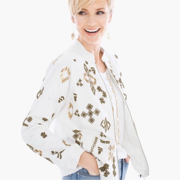 NWT Chico's White Denim Bomber Jacket 3 (xl) Stunning embellished design - Picture 5 of 5